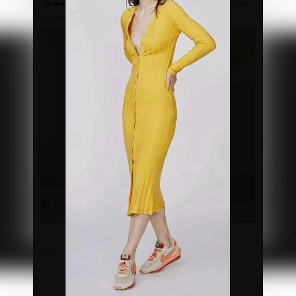 Monrow Women's Butter Yellow Flat-Rib Midi Cardigan Dress NWT Long Sleeve Large - Picture 1 of 10